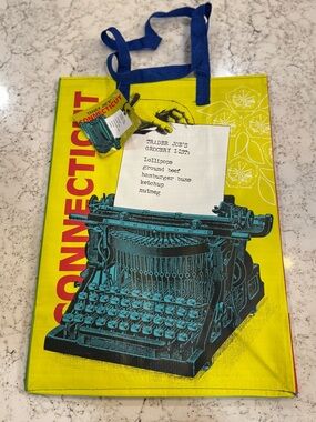 Trader Joe's Connecticut Tote Bag - Yellow with Teal Typewriter